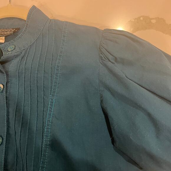 Vtg Patty Woodard 100% cotton button front shirt teal blue small puff sleeve - Picture 5 of 11